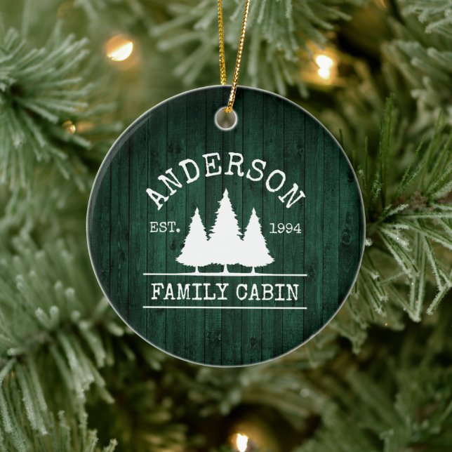 Cabin Family Name Rustic Green Wood Forest Ceramic Ornament (Tree)