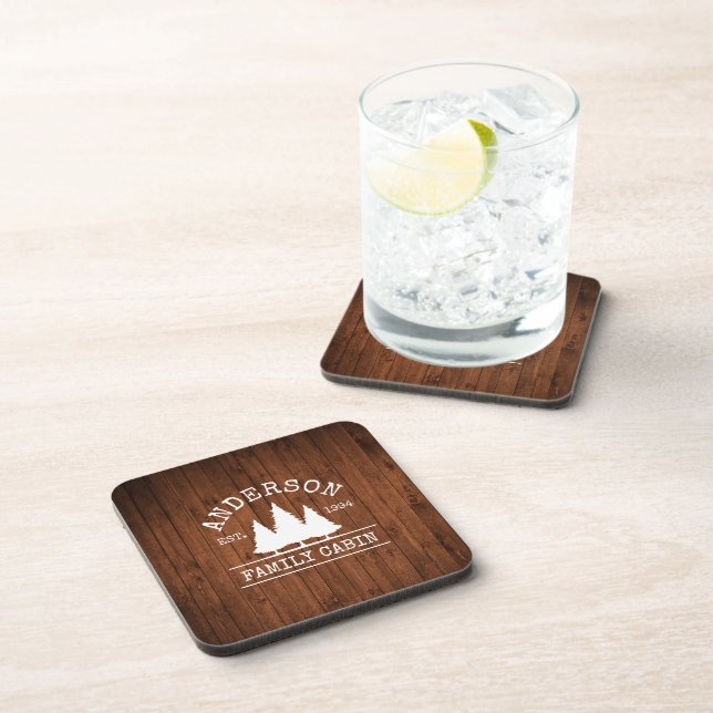 Cabin Family Name Rustic Wood Forest Coaster (Right Side)