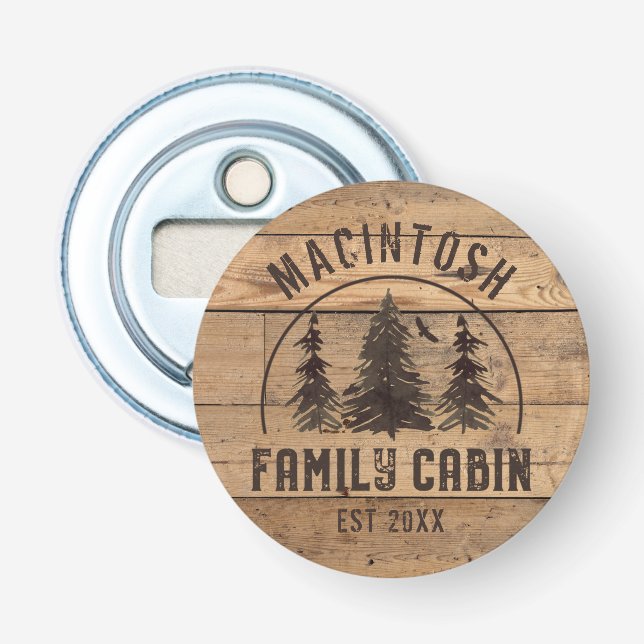 Cabin Family Name Rustic Wood Forest Trees Bottle Opener (Front)