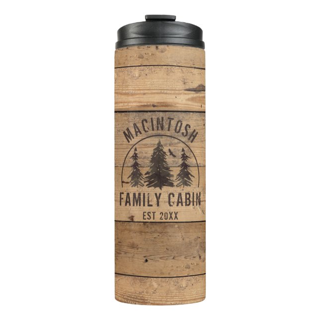 Cabin Family Name Rustic Wood Personalized Thermal Tumbler (Front)