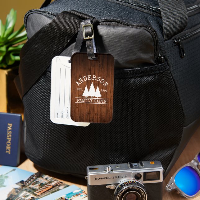 Cabin Family Name Rustic Wood Print Luggage Tag (Front & Back)