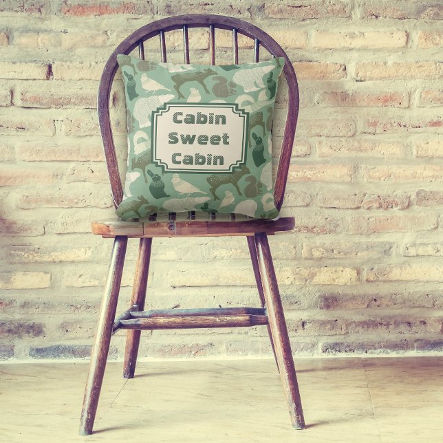 Cabin Forest Animals Green Pattern Throw Pillow (Creator Uploaded)