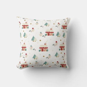 Cabin House and Snowmen Art Pattern II Throw Pillow