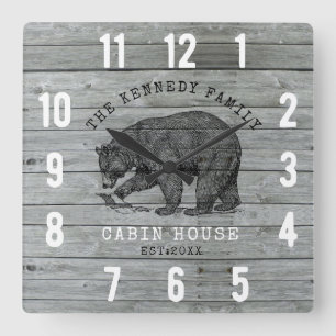  Cabin House Family Name Black Bear Grey Wood   Square Wall Clock