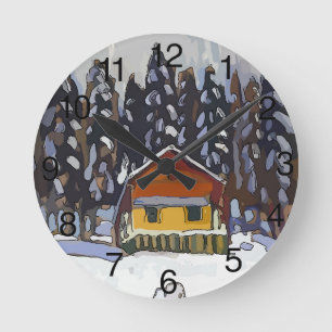Cabin In Snow Round Clock