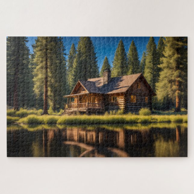 Cabin in the Forest by the River Jigsaw Puzzle (Horizontal)