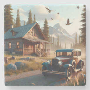 Cabin in the Woods with an Antique Automobile Stone Coaster