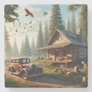 Cabin in the Woods with an Antique Automobile Stone Coaster