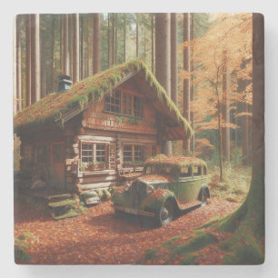 Cabin in the Woods with an Antique Automobile Stone Coaster