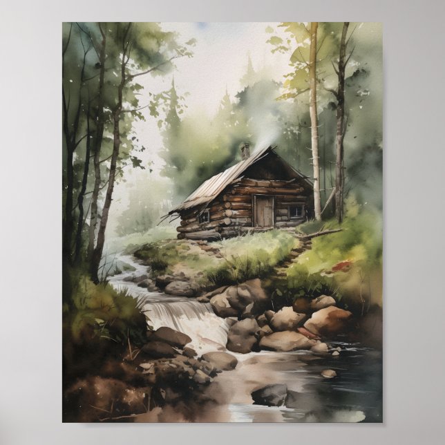 Cabin In The Woods With The Water Stream Poster (Front)