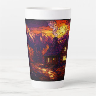 Cabin in Vibrant Autumn Forest Stained Glass Art Latte Mug