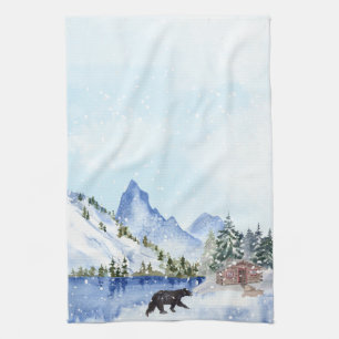 Cabin, Lake, Mountains, Trees, Bear Winter Scene Kitchen Towel