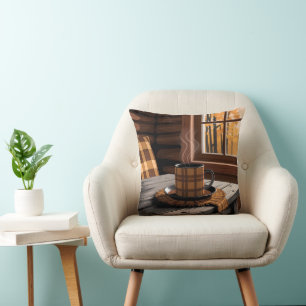 Cabin Plaid Coffee Autumn Forest Rustic Home Art Throw Pillow