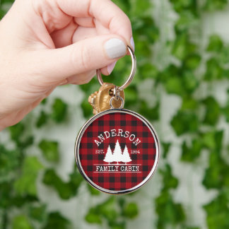 Cabin Red Buffalo Plaid Family Name Keychain