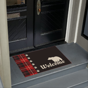 Cabin Red Plaid Bear Welcome Doormat