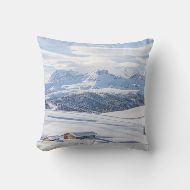 Cabin Retreat Snowscape | Dolomites Throw Pillow (Front)