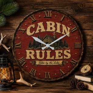Cabin Rules Rustic Lake Cabin Large Clock