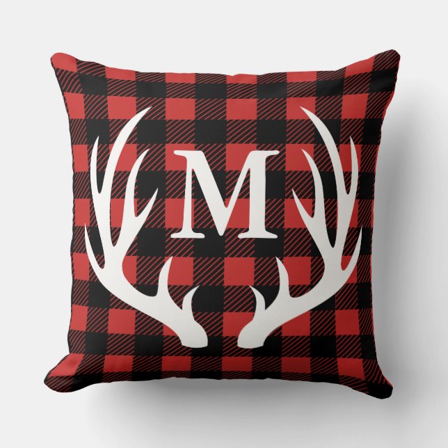 Cabin Rustic Deer Antlers Buffalo Check Plaid Throw Pillow (Front)
