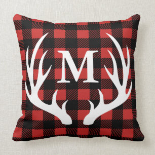Cabin Rustic Deer Antlers Buffalo Check Plaid Throw Pillow