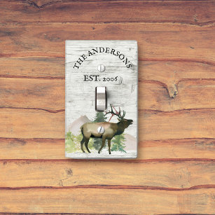 Cabin Rustic Elk White Wood Personalized Mountain  Light Switch Cover