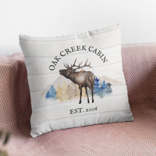 Cabin Rustic Elk White Wood Personalized Mountain Throw Pillow
