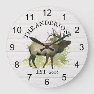Cabin Rustic Elk wood Personalized Mountain  Large Clock
