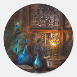 Cabin rustic lamplight scene brown blue cream classic round sticker