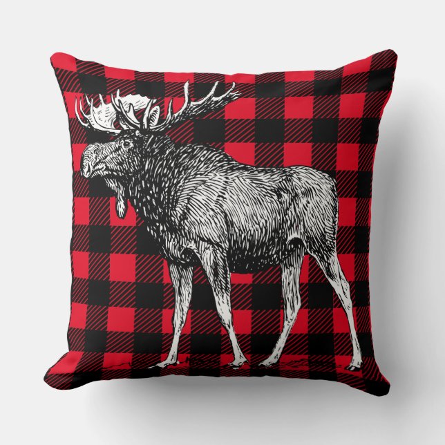 Cabin Rustic Moose Red Buffalo Plaid Throw Pillow (Front)
