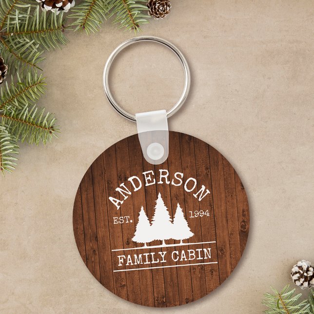 Cabin Rustic Wood Family Name Keychain (Customize to change text size or text style.)