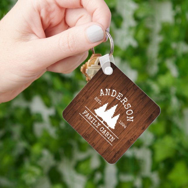 Cabin Rustic Wood Family Name Square Keychain (Hand)