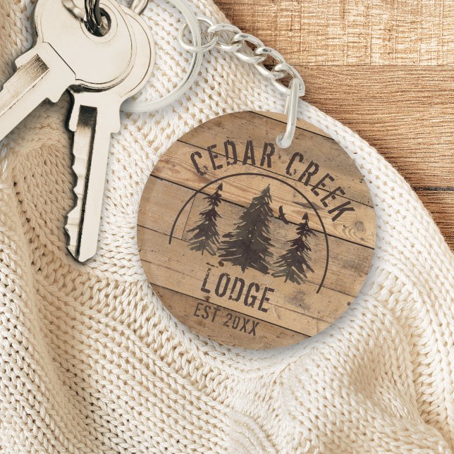 Cabin Rustic Wood Forest Trees Personalized Keychain (Creator Uploaded)