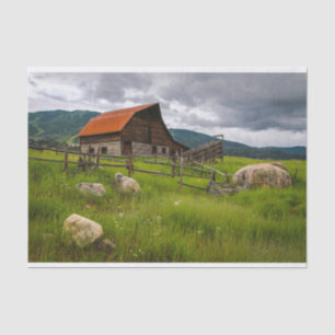 Cabin Snuggled in a Field With Sheep Looking Rocks Tissue Paper