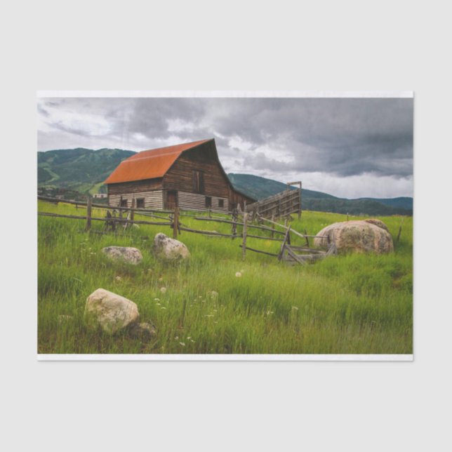 Cabin Snuggled in a Field With Sheep Looking Rocks Tissue Paper (Front)