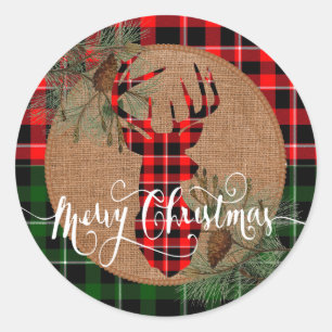 Cabin Style - A Plaid Deer Head on Burlap & Plaid Classic Round Sticker