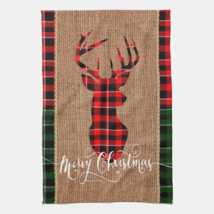 Cabin Style - A Plaid Deer Head on Burlap & Plaid Kitchen Towel