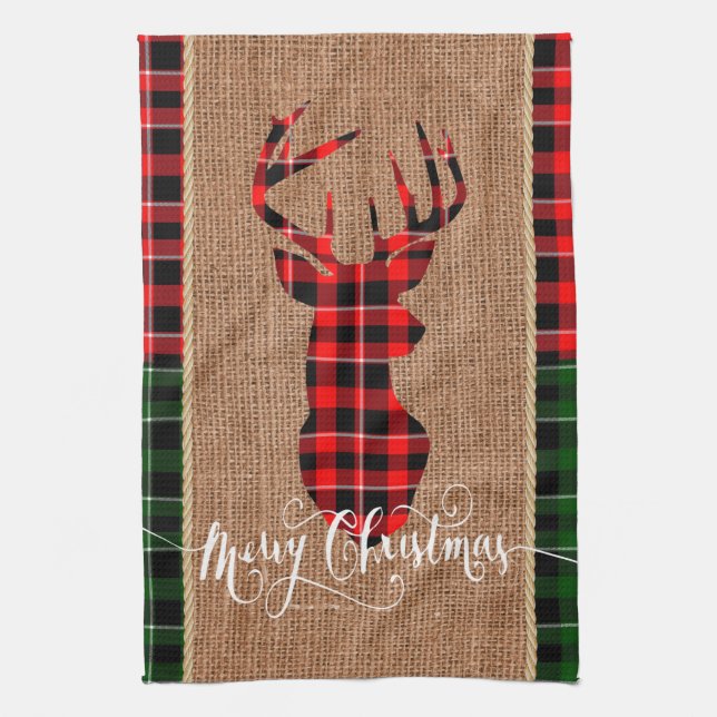 Cabin Style - A Plaid Deer Head on Burlap & Plaid Kitchen Towel (Vertical)