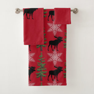 Cabin Style Moose Pine Tree Snowflake Christmas  Bath Towel Set