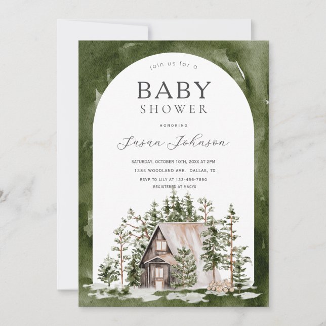 Cabin Theme Forest Woodland Green Baby Shower Invitation (Front)