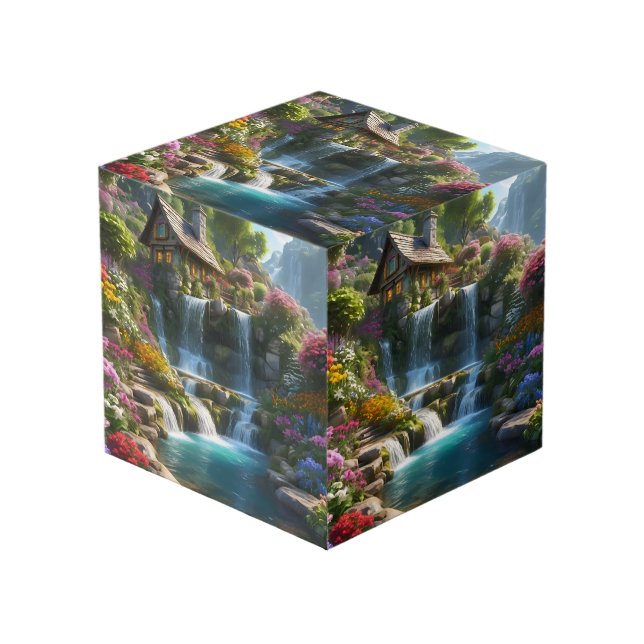 Cabin Waterfall Lake Cube (Front Angled)