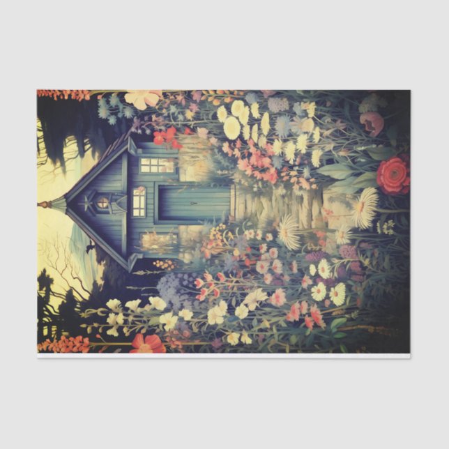 Cabin with Pretty Wildflower Path Illustration Tissue Paper (Front)
