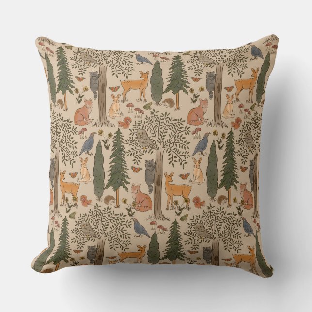 Cabincore Woodland Forest Animals Throw Pillow (Front)