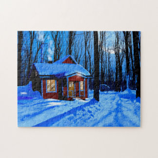 Cabine Rouge Dans Un Puzzle De Bois Neige