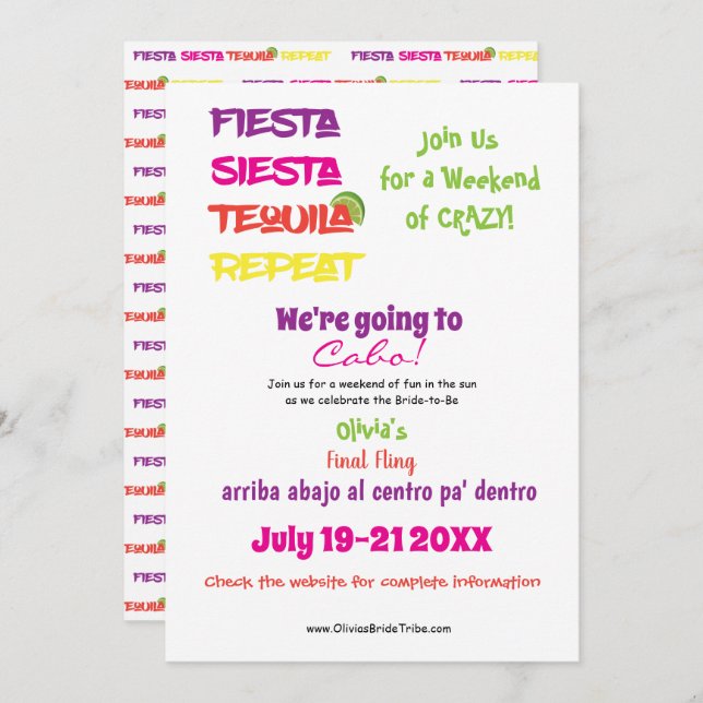 Cabo Bachelorette: Fiesta, Siesta, Tequila, Repeat Invitation (Front/Back)