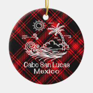 Cabo San Lucas Red Tartan Christmas Ceramic Ornament