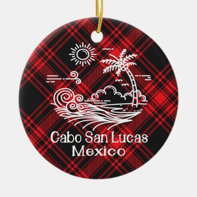 Cabo San Lucas Red Tartan Christmas Ceramic Ornament (Front)