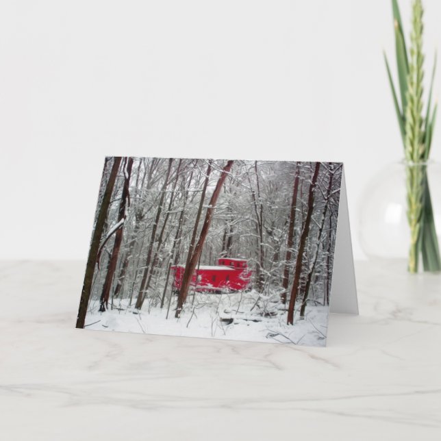Caboose rouge d'hiver, cartes de Noël, trains (Devant)