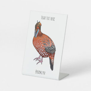 Cabot's tragopan bird cartoon illustration pedestal sign