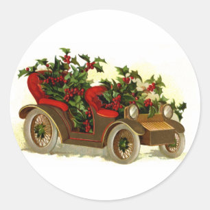 Cabriolet Filled With Holly Vintage Christmas Classic Round Sticker