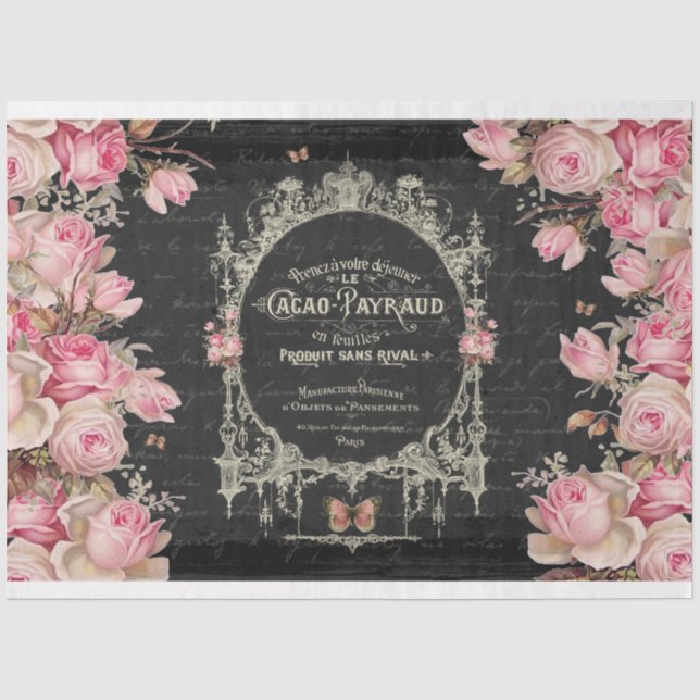 Cacao Chaud et Roses Pink Butterflies Decoupage Tissue Paper (Front)