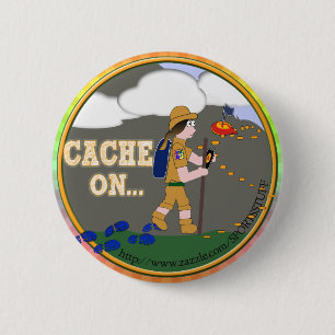 CACHE ON! GEOCACHING CHICK GIRL BRUNETTE 2 INCH ROUND BUTTON